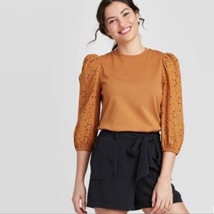 A New Day Desert Orange Eyelet Long Sleeve Top